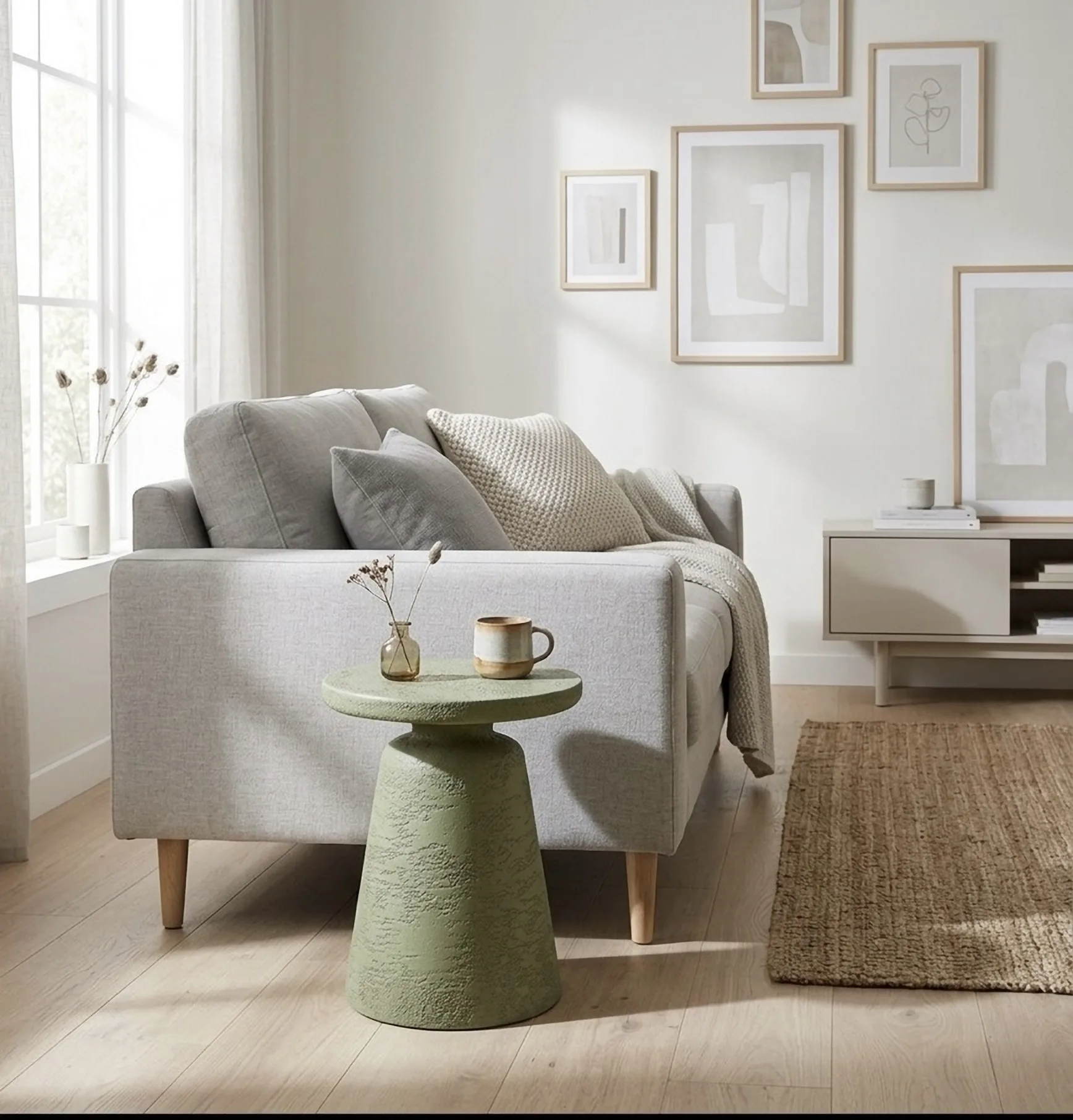 Olea indoors beside a pale grey sofa, holding a mug and a small vase