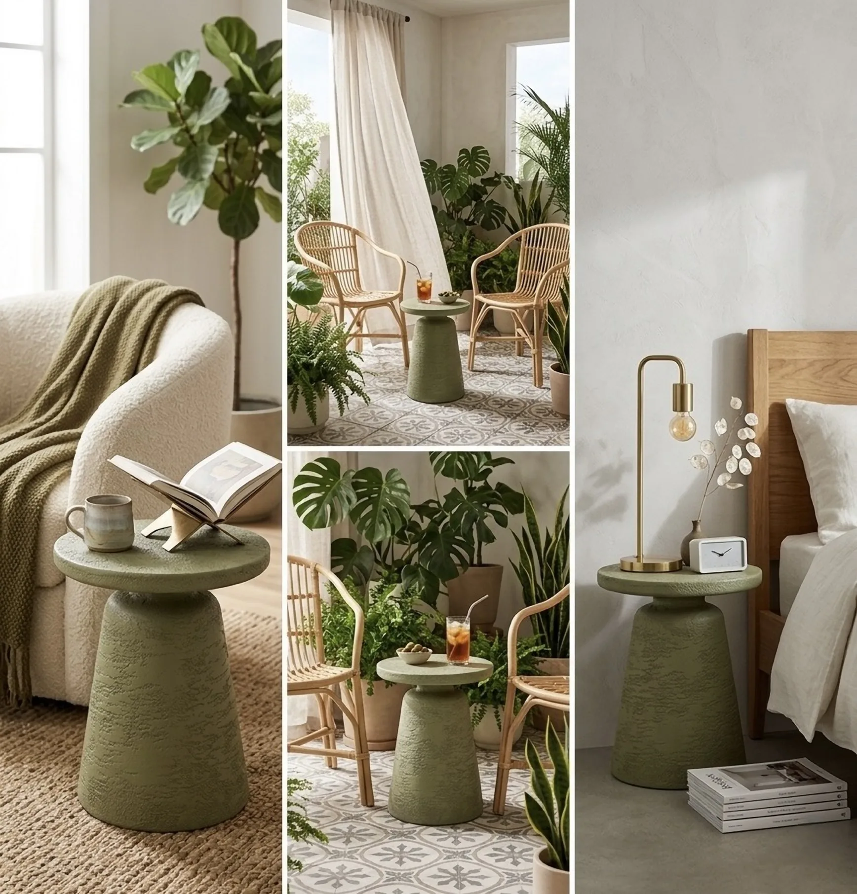 Four styling scenes showing Olea in a living room, a garden room, a patio and a bedroom
