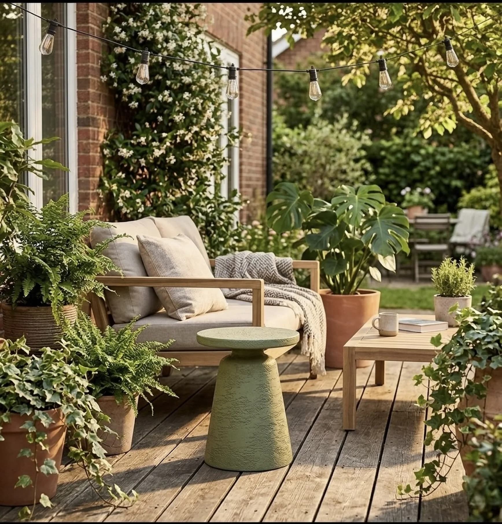 Olea on a timber terrace beside a teak bench, ferns and string lights above