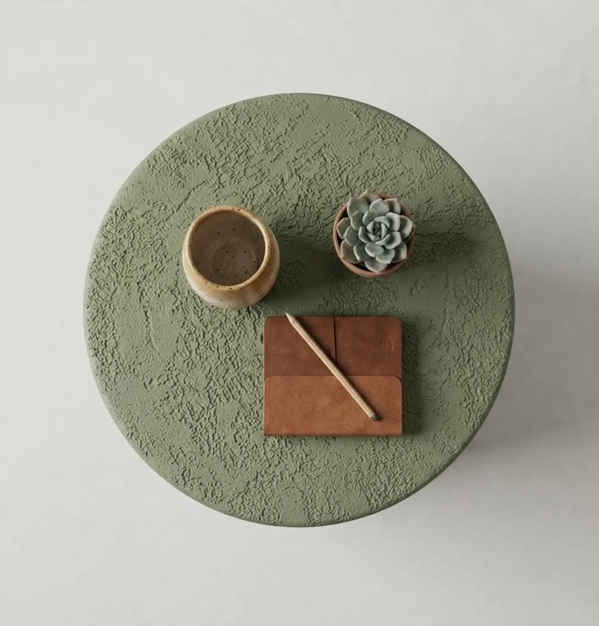Olea seen from above, holding a bowl, a succulent and a leather tray