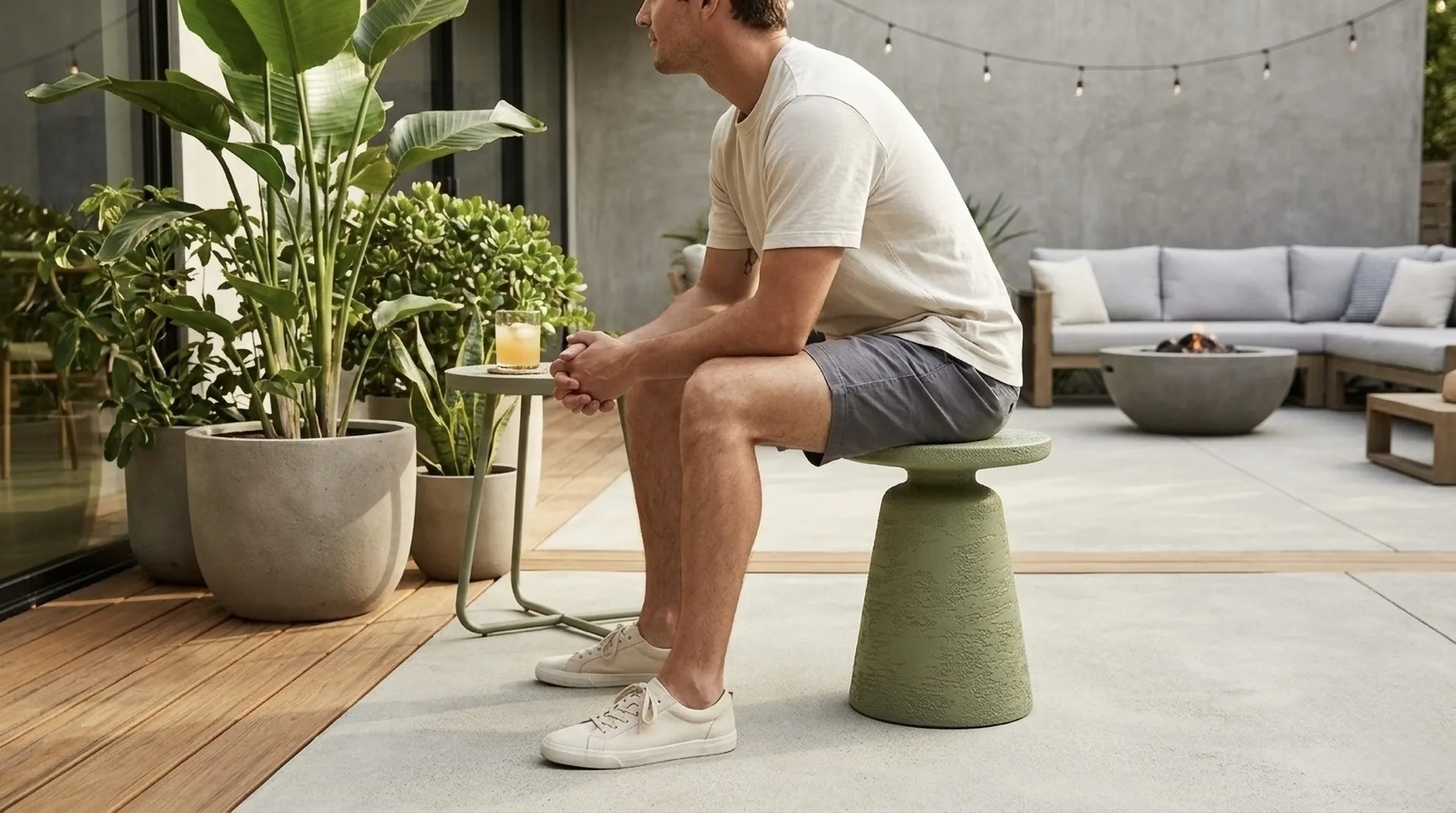 A man sitting on the Olea pedestal on a patio beside an outdoor sofa