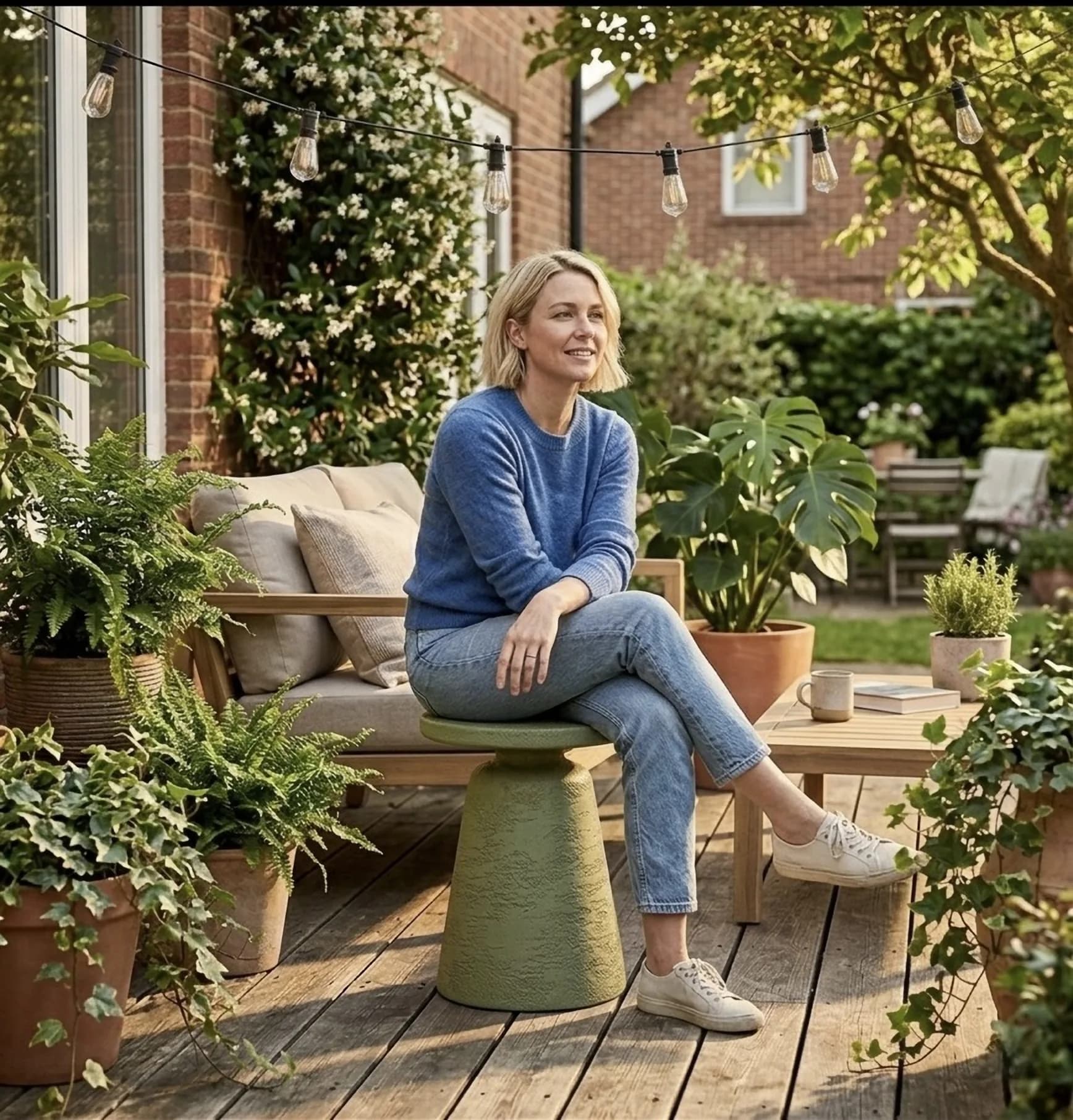A woman sitting on the Olea pedestal on a planted garden terrace
