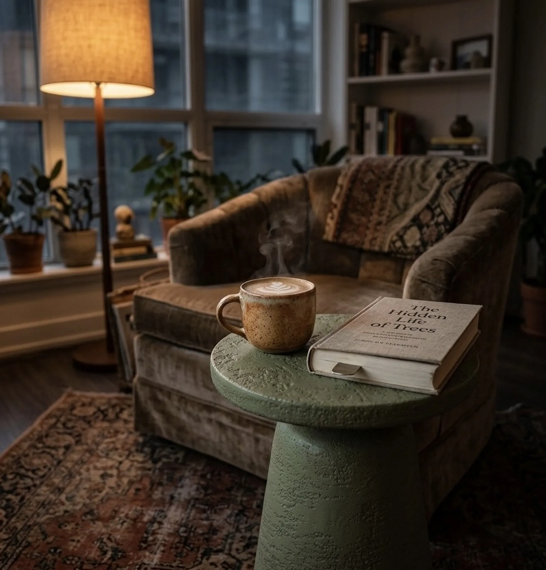 Olea beside a velvet armchair under lamplight, holding a coffee and a book