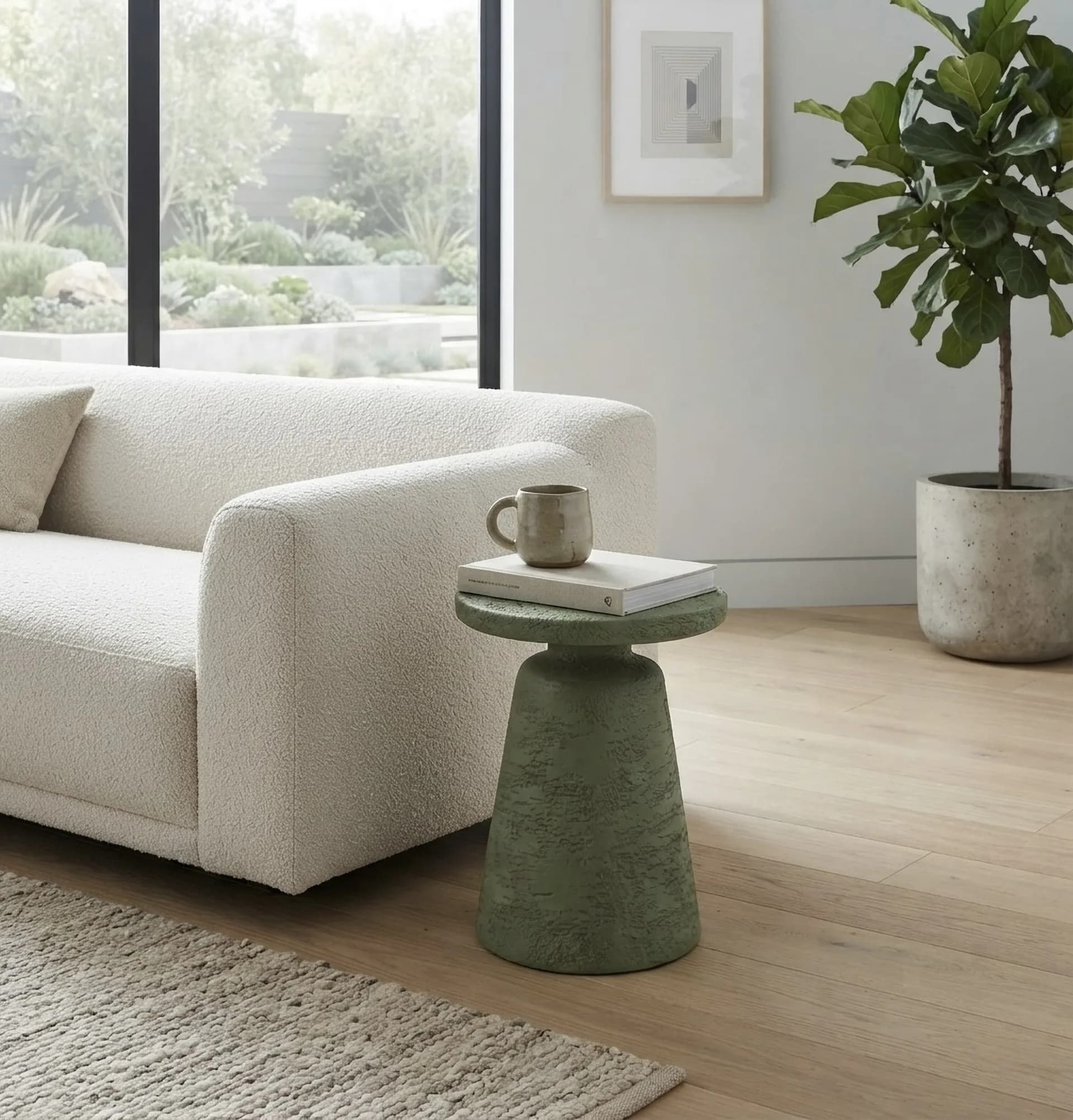 Olea beside a cream bouclé sofa in a bright room, holding a cup and a book
