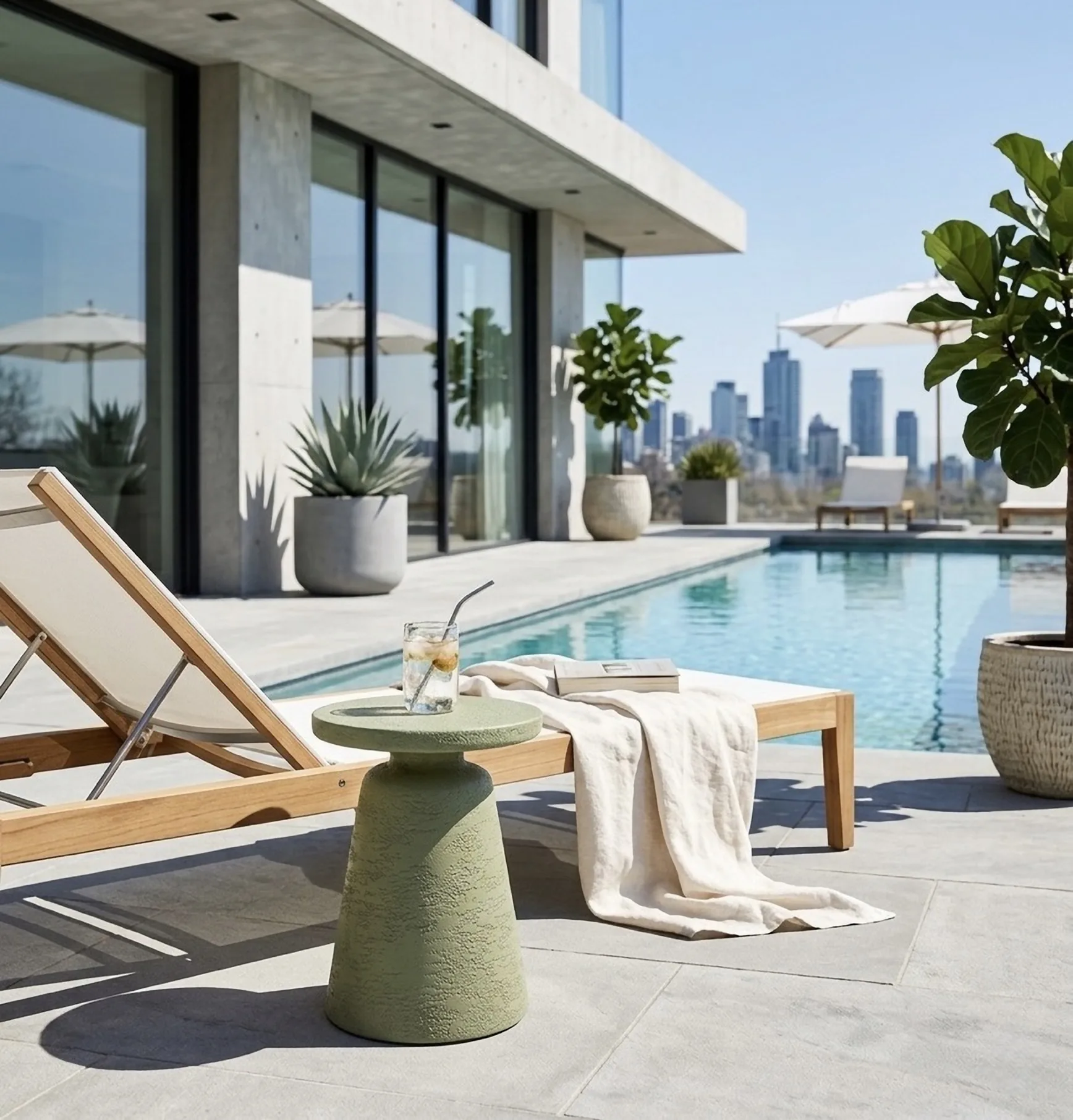 Olea beside a rooftop pool with a city skyline behind it